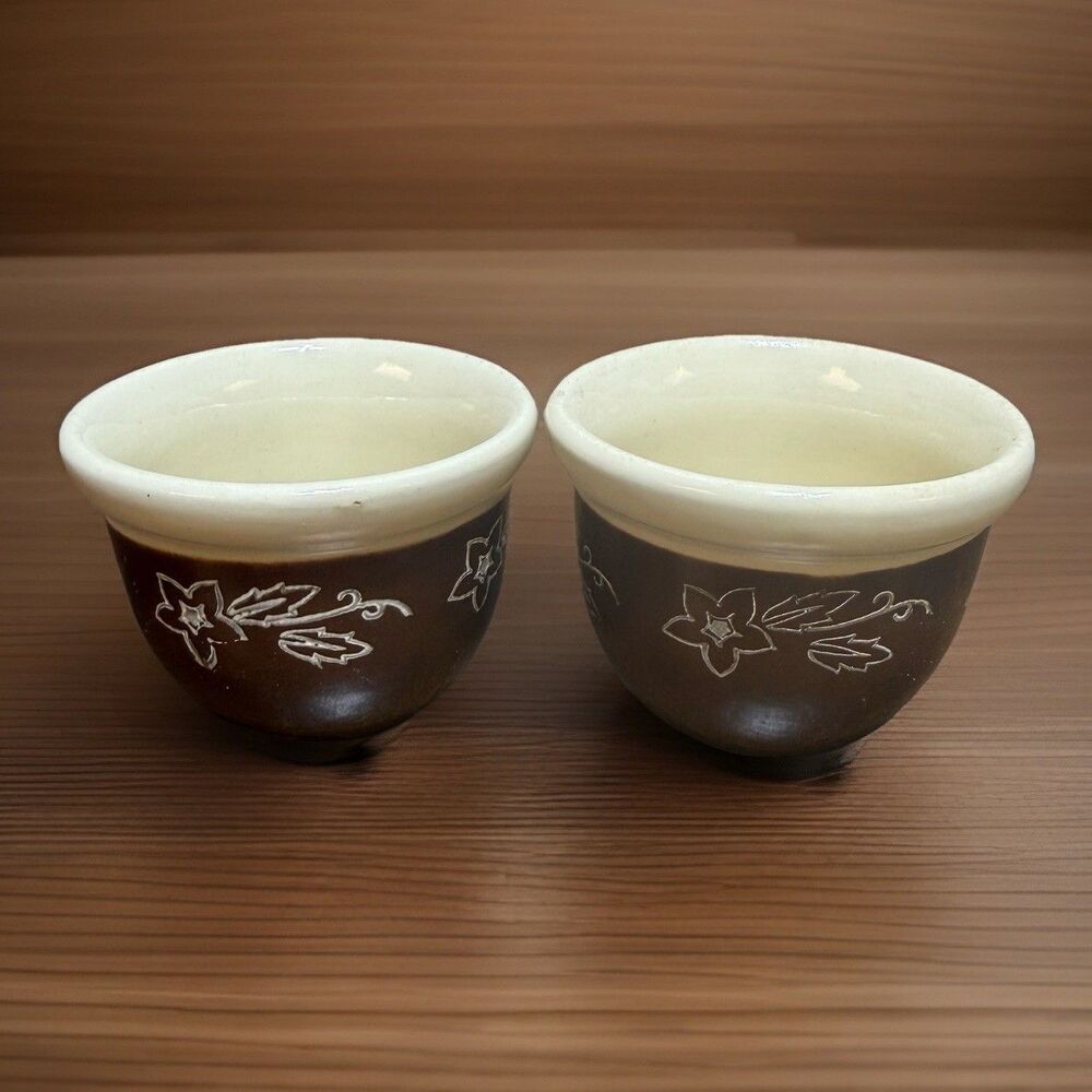Vintage Oxford Stoneware Set 2 Small Nesting Bowl Brown White Flowers 3" Redware